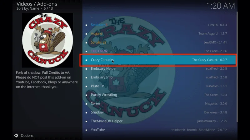 Crazy Canucks Kodi Hockey